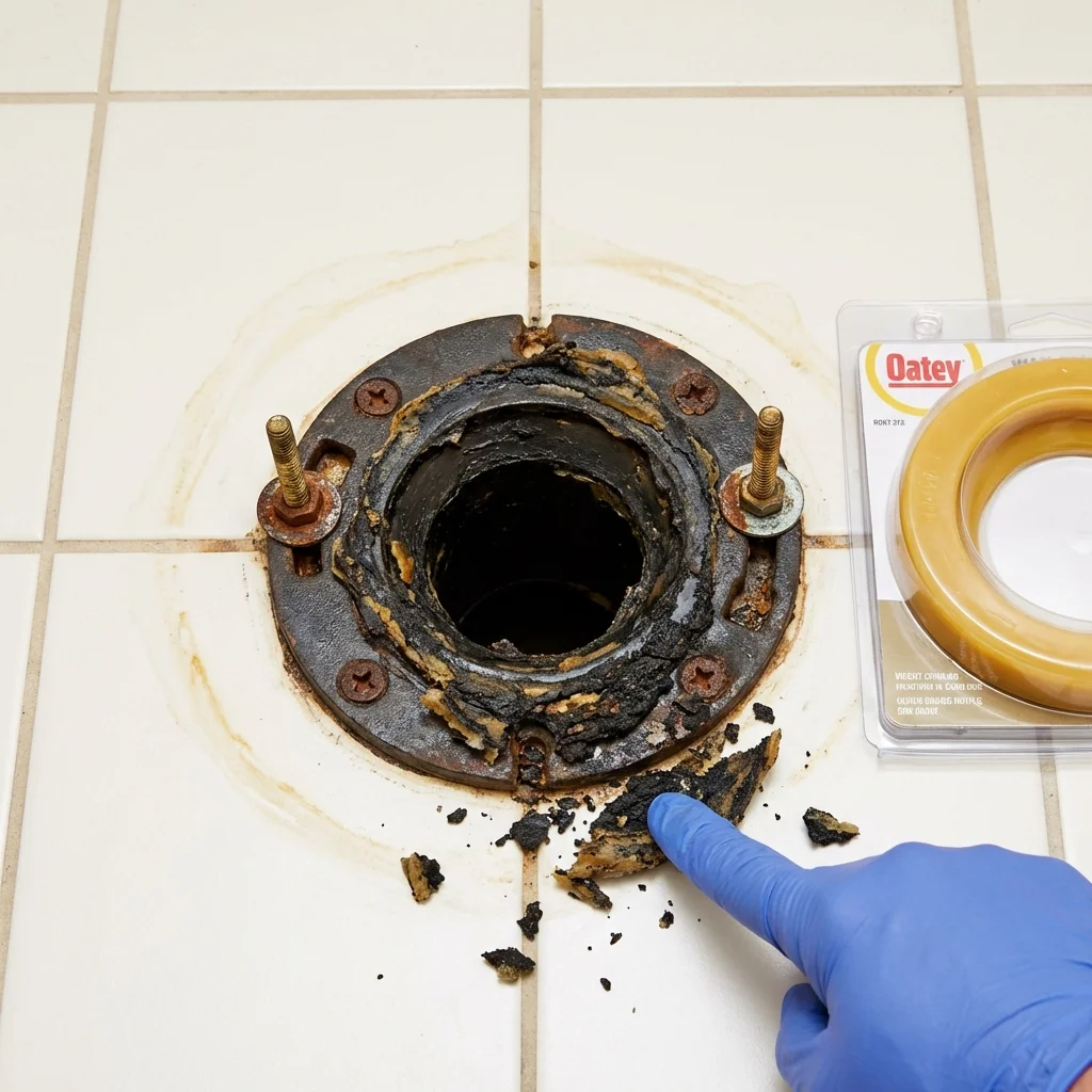 Failed wax ring showing water seepage at the base of a toilet in a Batesville, MS home