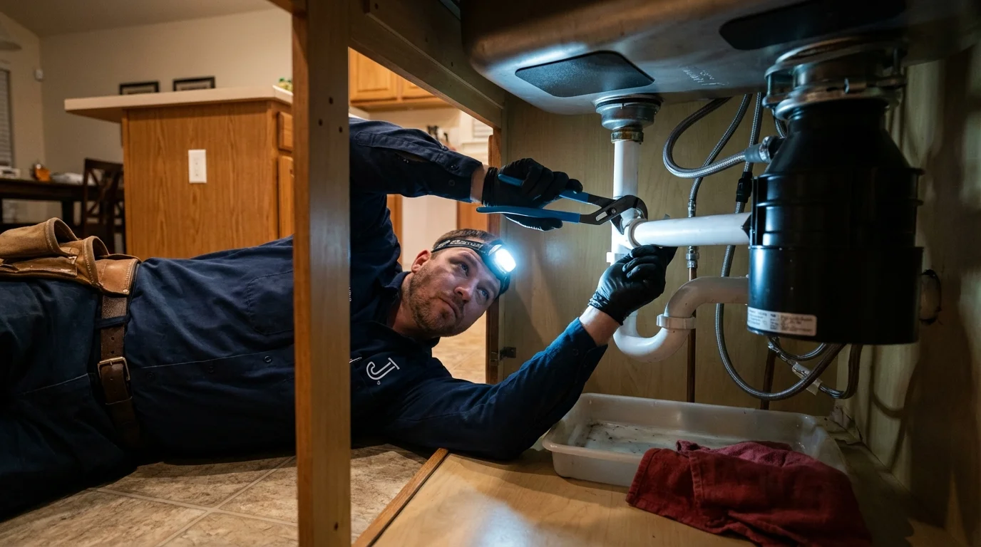 P-trap and supply line connections under a kitchen sink showing a common leak point in Batesville, MS